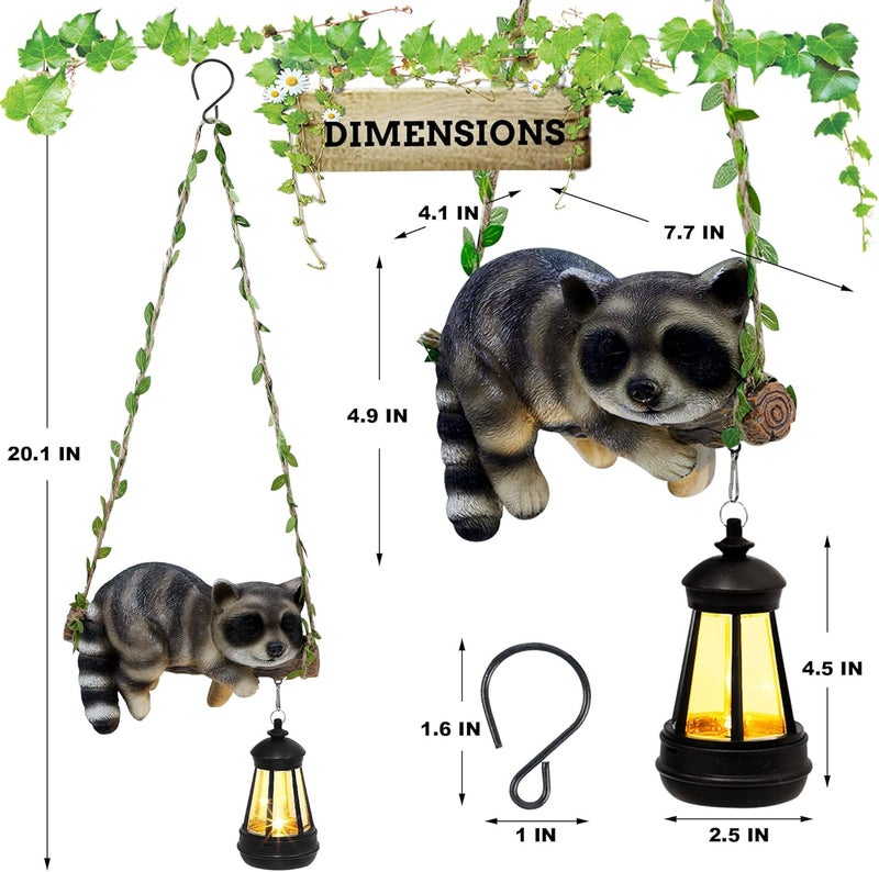 ZaaYee Solar Lighted Garden Outdoor Statue, 20.1" H Hanging Swing Lying with A Sleeping Raccoon and A LED Lantern, Resin Animal Figurine Hanging Ornaments with Hook for Decoration & Gift - Image 2